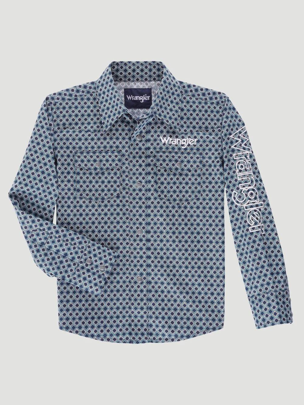 NEW WRANGLER boy's logo long sleeve snap shirt in navy